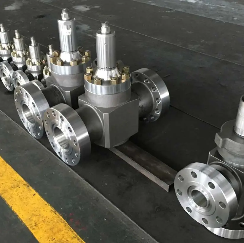 Flanged industrial valves in a workshop